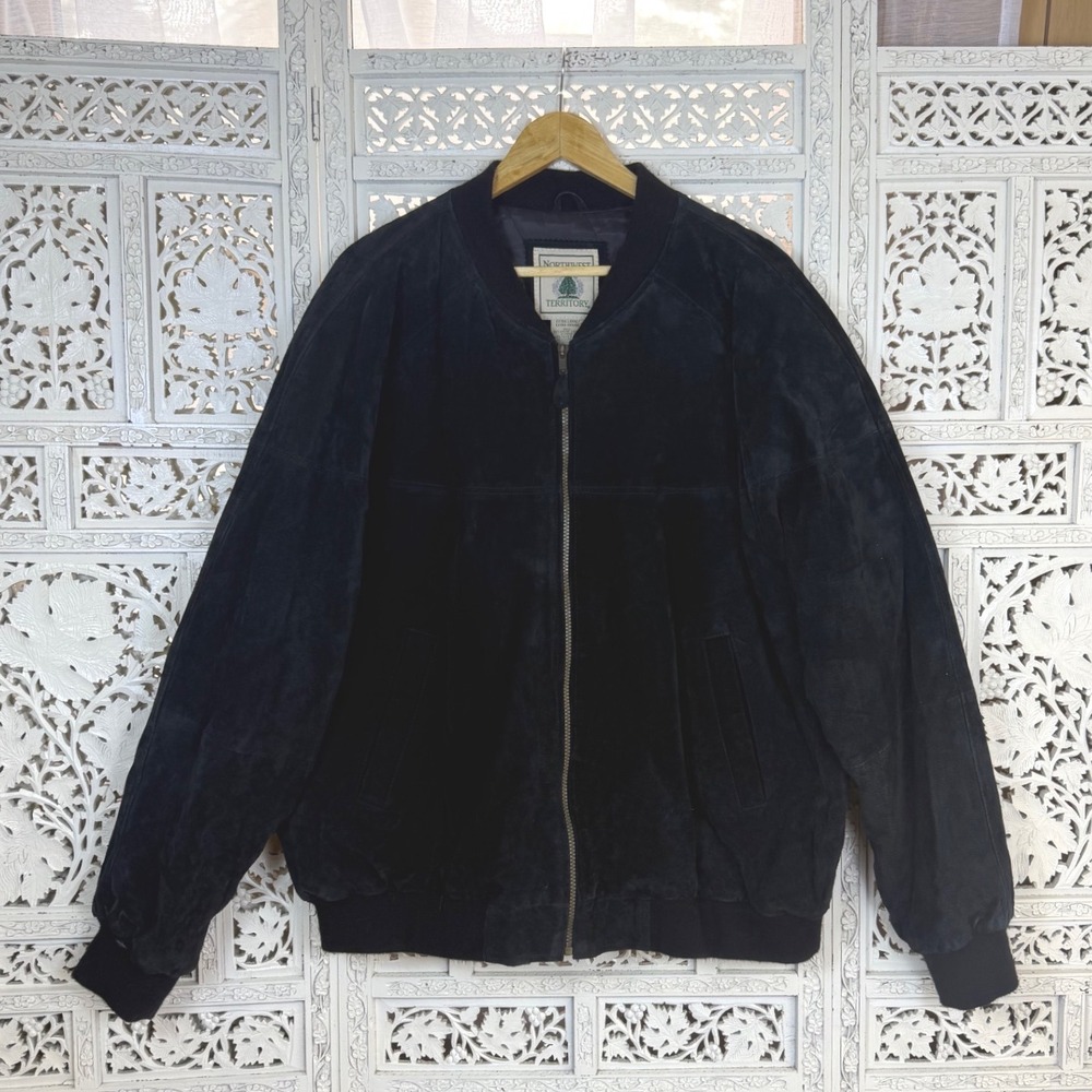 Vtg Black Suede Leather Bomber Jacket Mens XLarge Lined Quilted‎ Retro Grunge